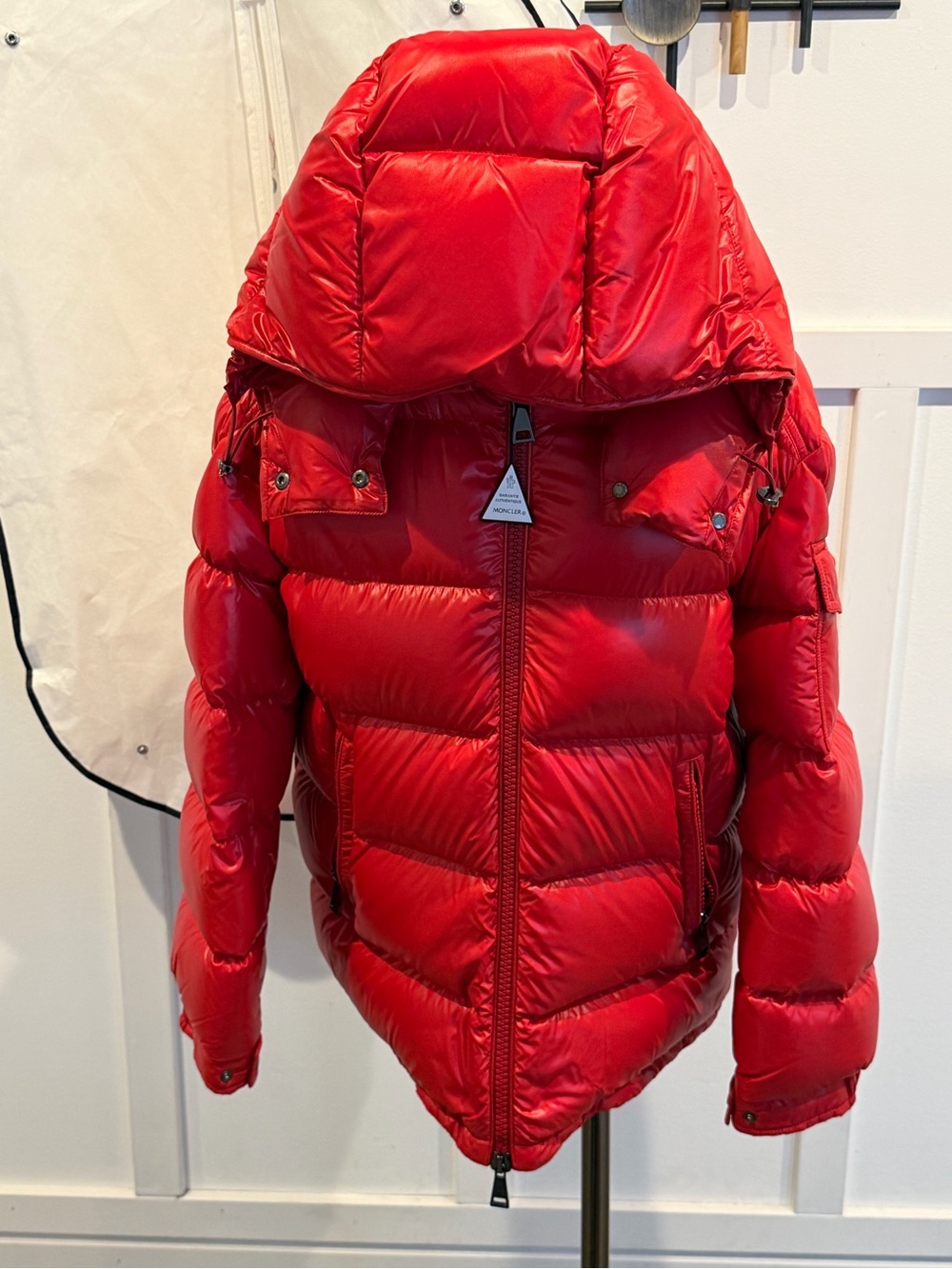 Moncler Red Glossy Quilted Hooded Puffer Jacket